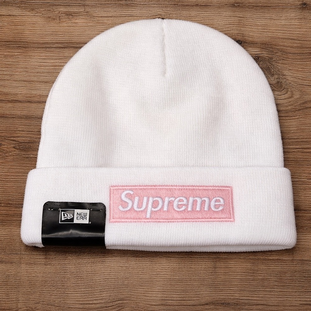 Supreme x New Era Box Logo Beanie - White/Pink - Like New!